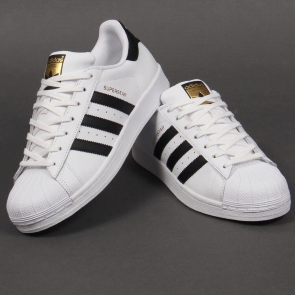 White Adidas Superstars With Black Stripes